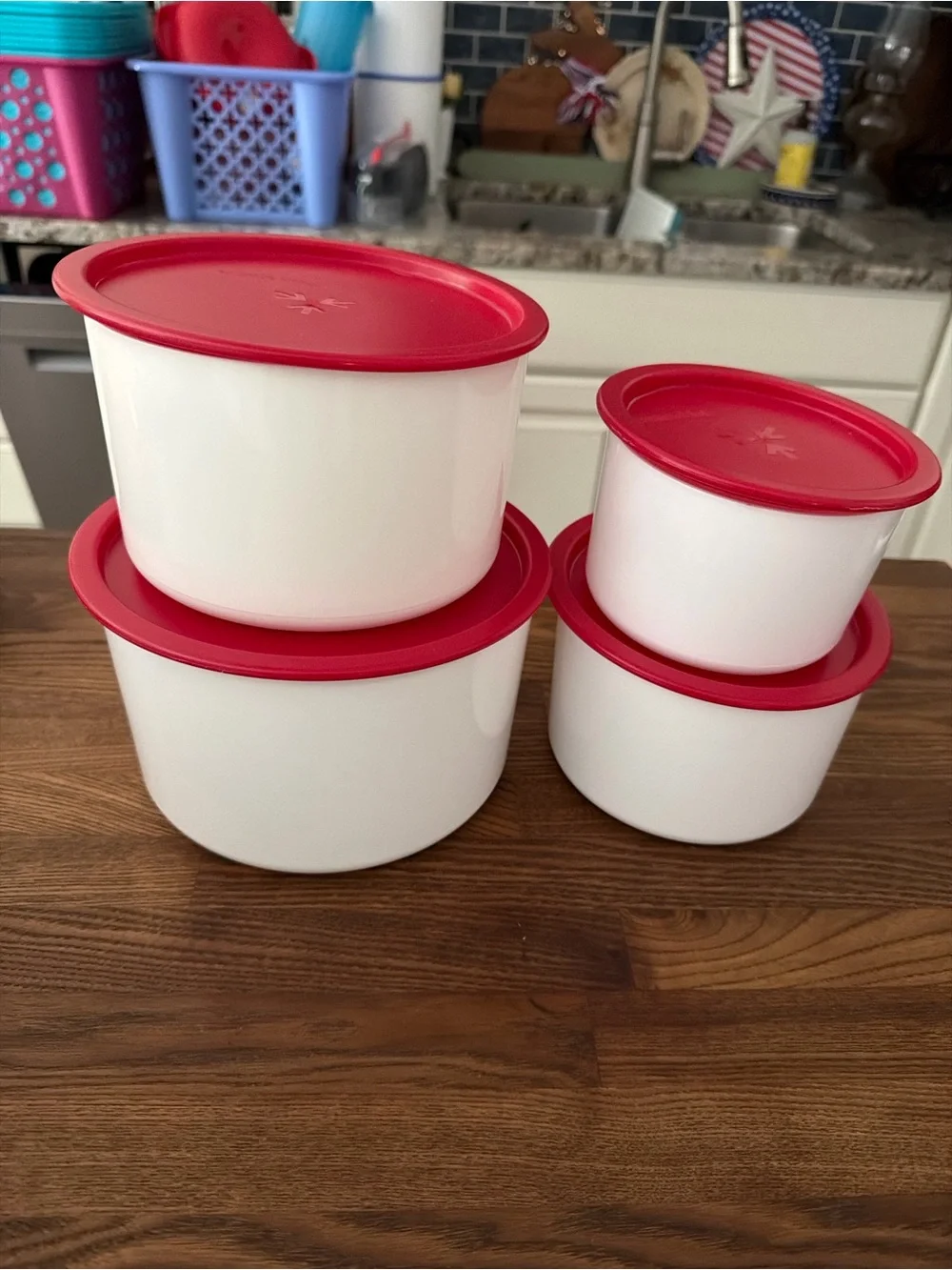Tupperware White Bases with Red Lids - Round Food Storage Set